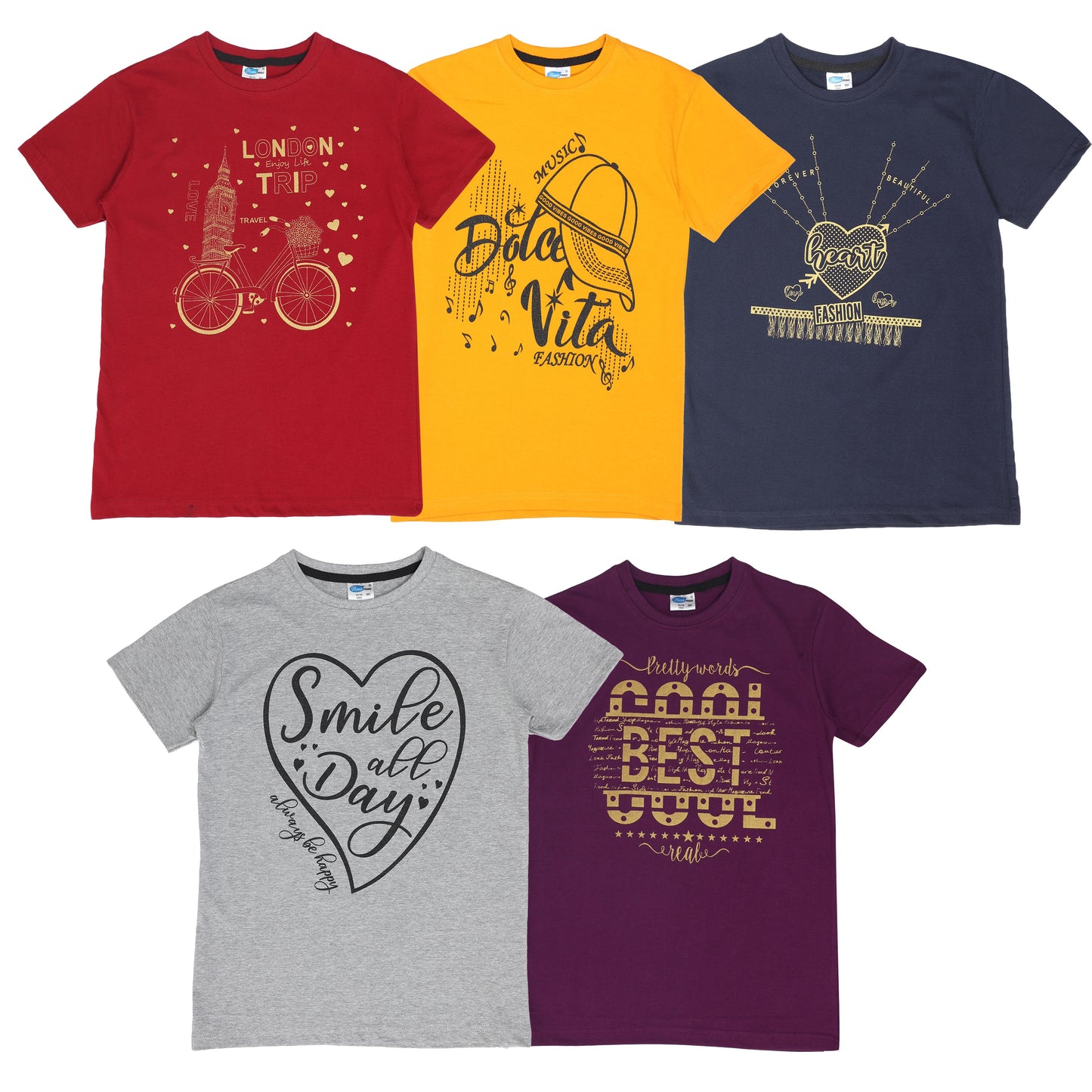 Boys & Girls Printed Round Neck Half Sleeve T-Shirt - (Pack of 5)