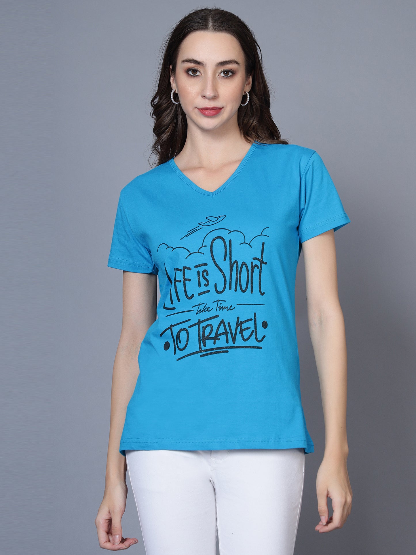 Women's Cotton V Neck Typography Printed Half Sleeve T-Shirt