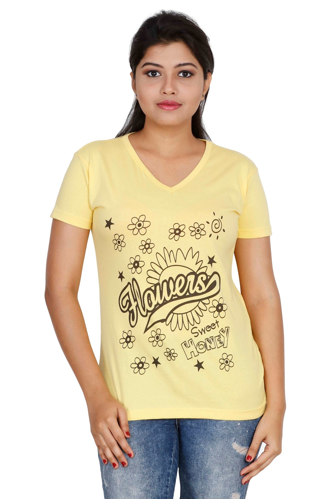 Women's Cotton V Neck Printed Half Sleeve T-Shirt