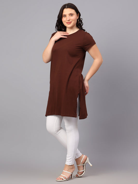Women's Cotton Plain Round Neck Half Sleeve Long Top