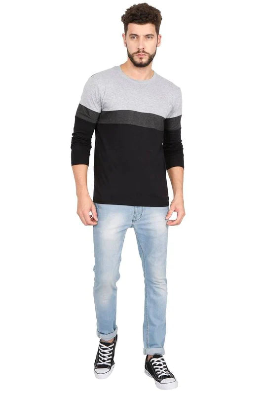 Men's Cotton Color Block Round Neck Full Sleeve T-Shirt