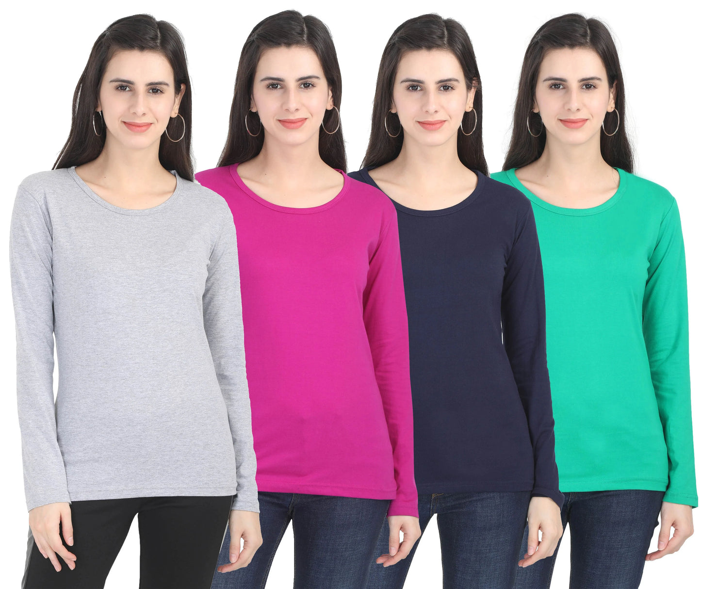 Fleximaa Women's Cotton Plain Round Neck Full Sleeve T-Shirt (Pack of 4) - Fleximaa