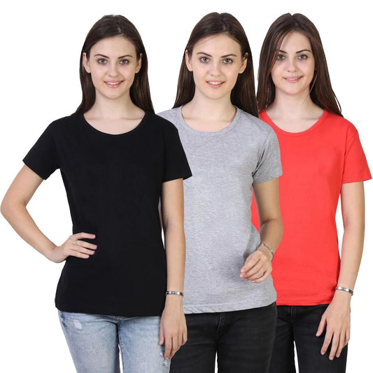 Fleximaa Women's Cotton Plain Round Neck Half Sleeve T-Shirt (Pack of 3) - Fleximaa