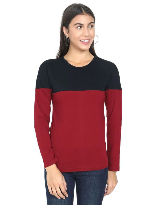 Women's Cotton Round Neck Color Block Full Sleeve T-Shirt