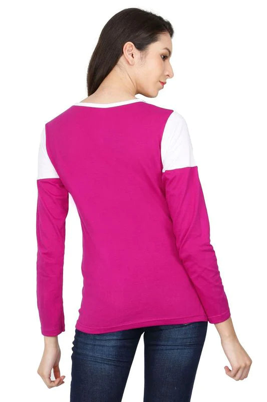 Women's Cotton Round Neck Color Block Full Sleeve T-Shirt