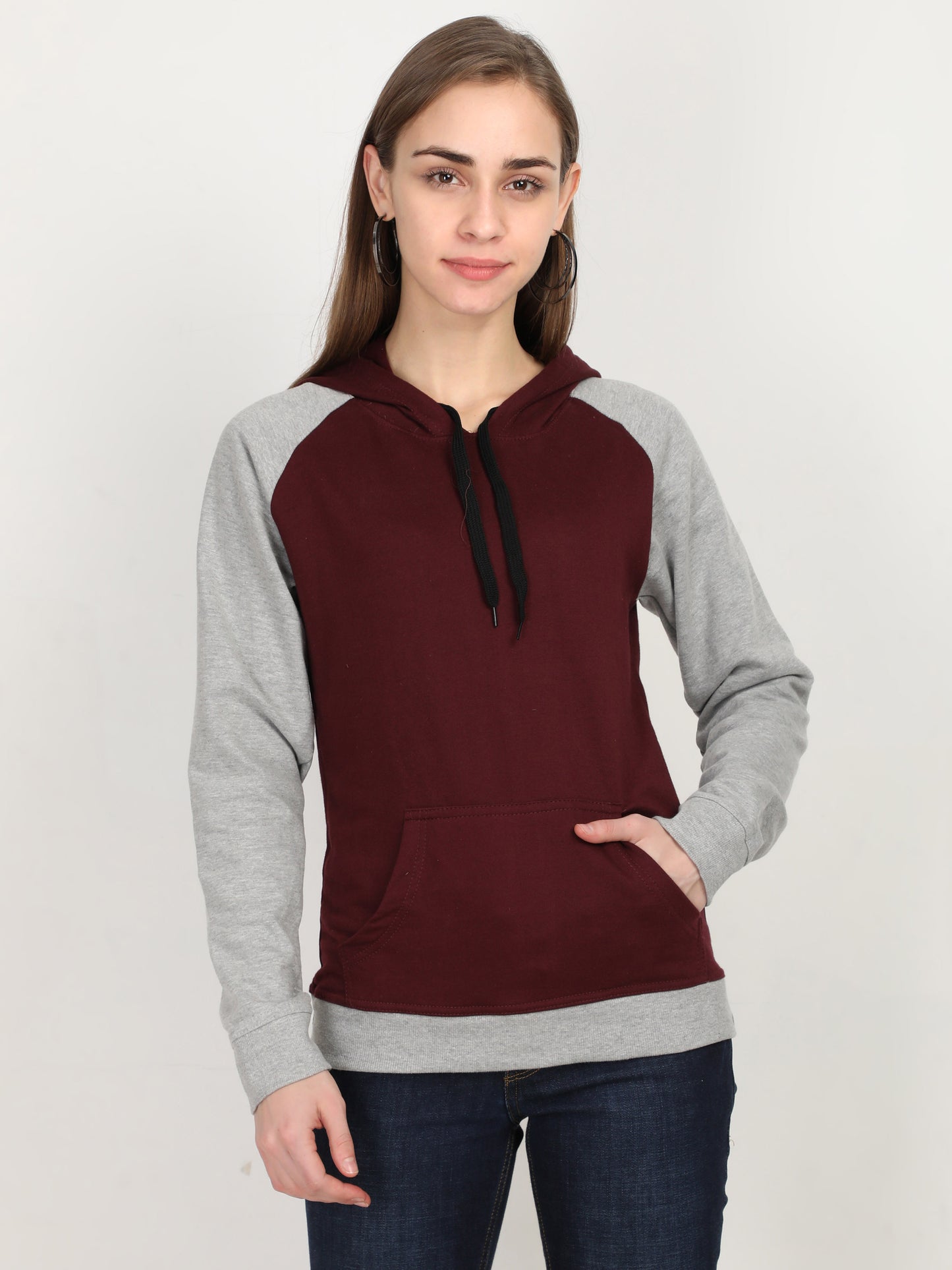 Women's Cotton Color Block Raglan Maroon & Grey Melange Color Full Sleeve Sweatshirt/Hoodies