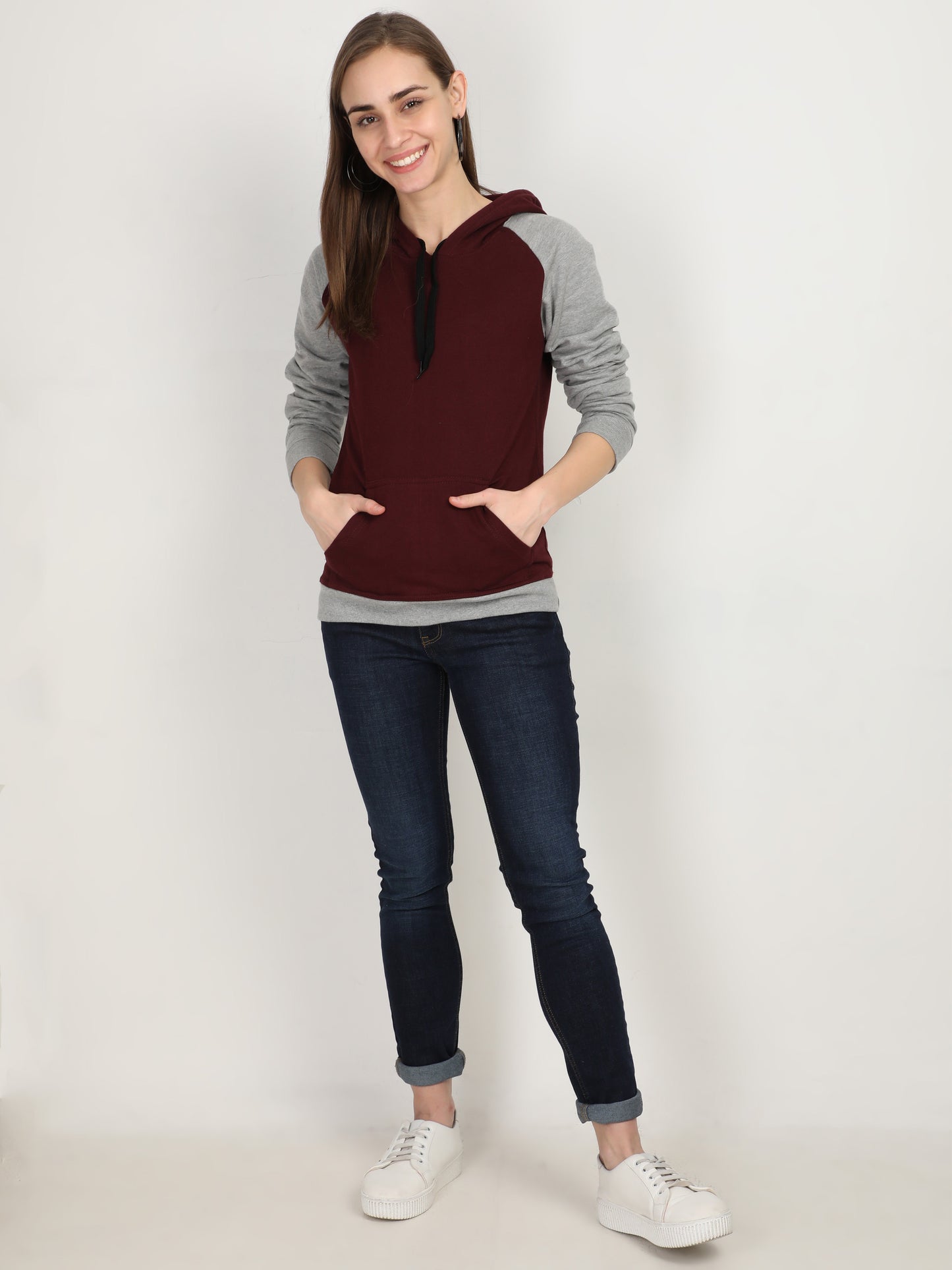 Women's Cotton Color Block Raglan Maroon & Grey Melange Color Full Sleeve Sweatshirt/Hoodies