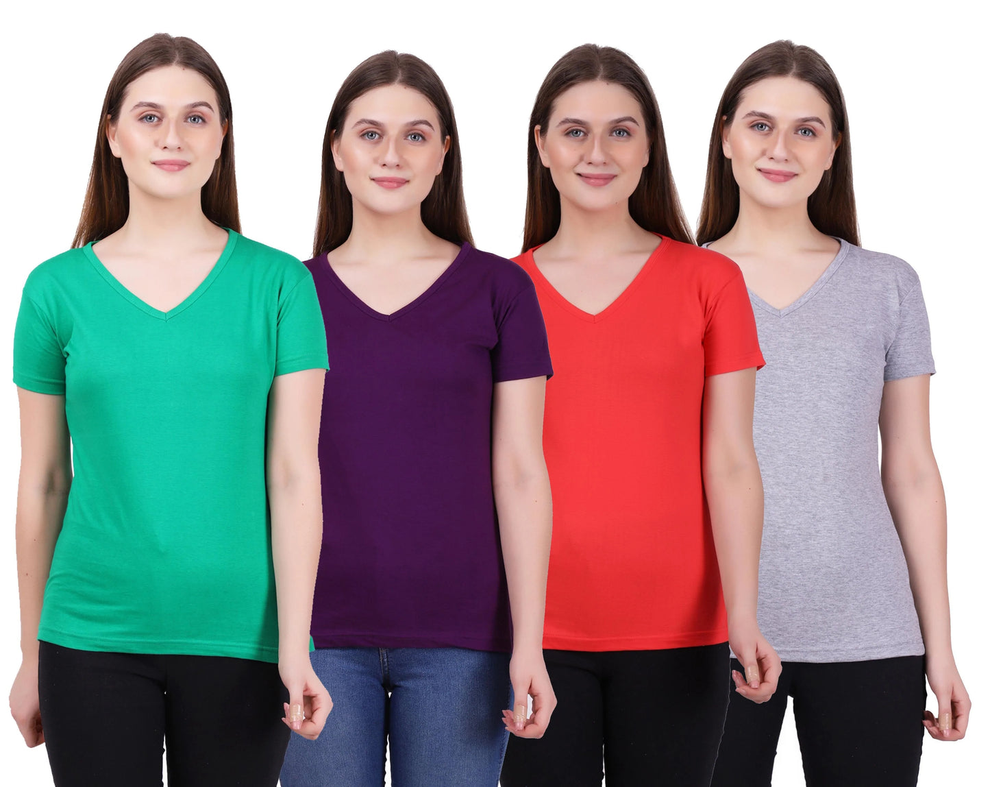 Fleximaa Women's Cotton Plain V Neck Half Sleeve T-Shirt (Pack of 4) - Fleximaa