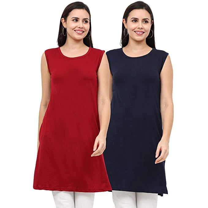 Fleximaa Womens Cotton Plain Sleeveless Long Top Multi Color (Pack of 2) - fleximaa-so