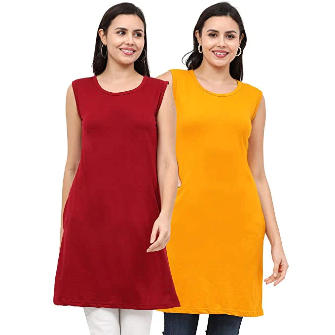 Women's Cotton Plain Sleeveless Long Top Multi Color - (Pack of 2) –  Fleximaa