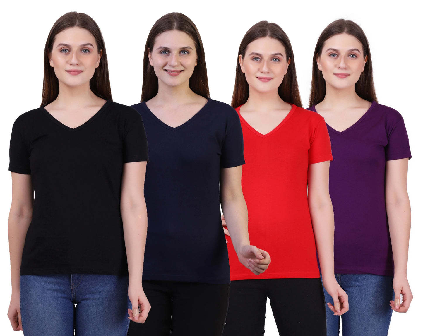 Fleximaa Women's Cotton Plain V Neck Half Sleeve T-Shirt (Pack of 4) - Fleximaa