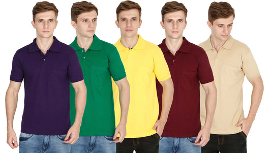 Fleximaa Men's Cotton Plain Polo Neck Half Sleeve T-Shirt (Pack of 5) - fleximaa-so