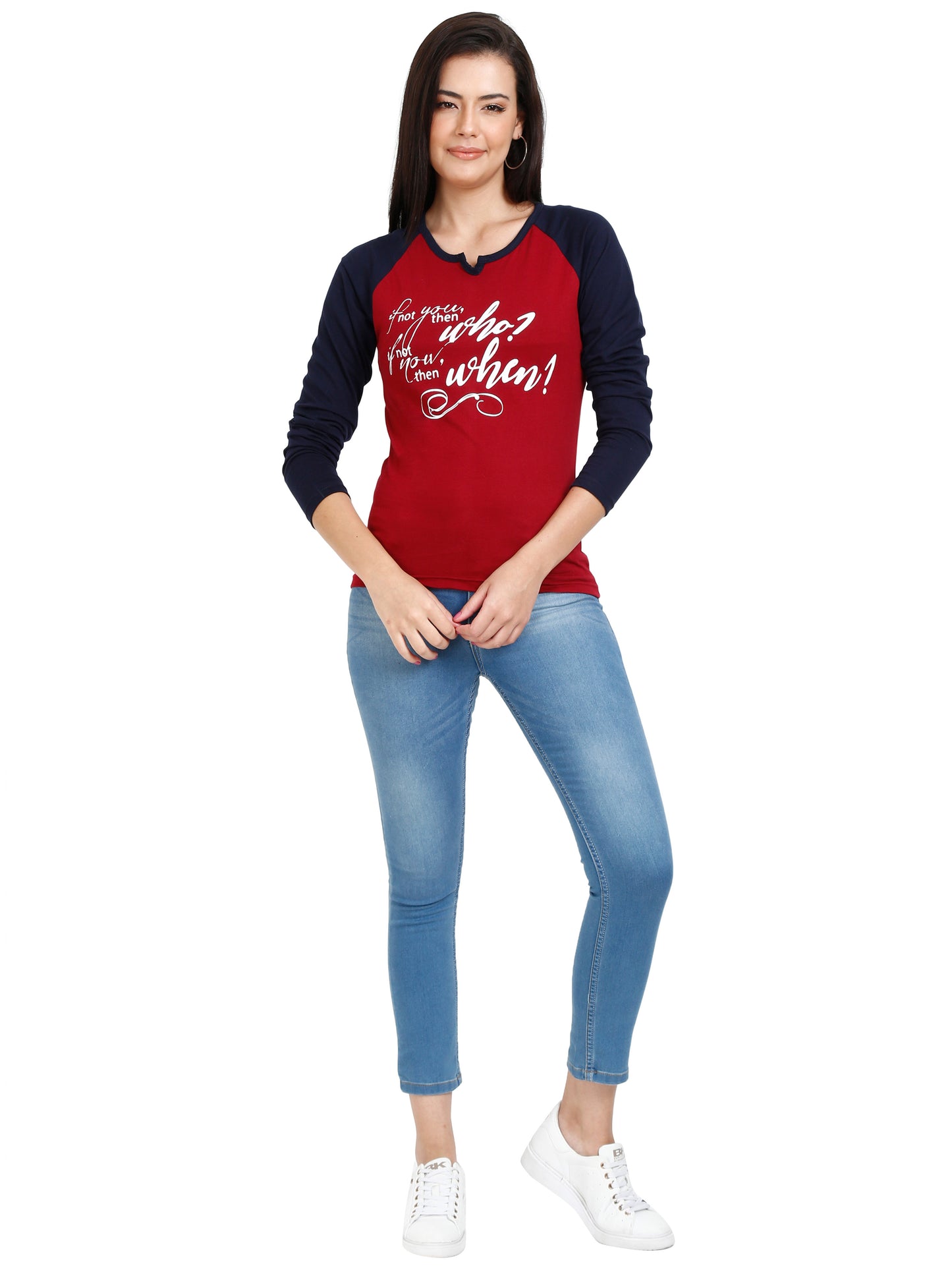 Women's Cotton Printed Raglan Full Sleeve Maroonnavy Color T-Shirt