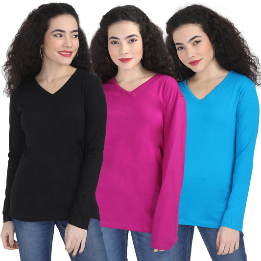 Fleximaa Women's Cotton Plain V Neck Full Sleeve T-Shirt (Pack of 3) - Fleximaa