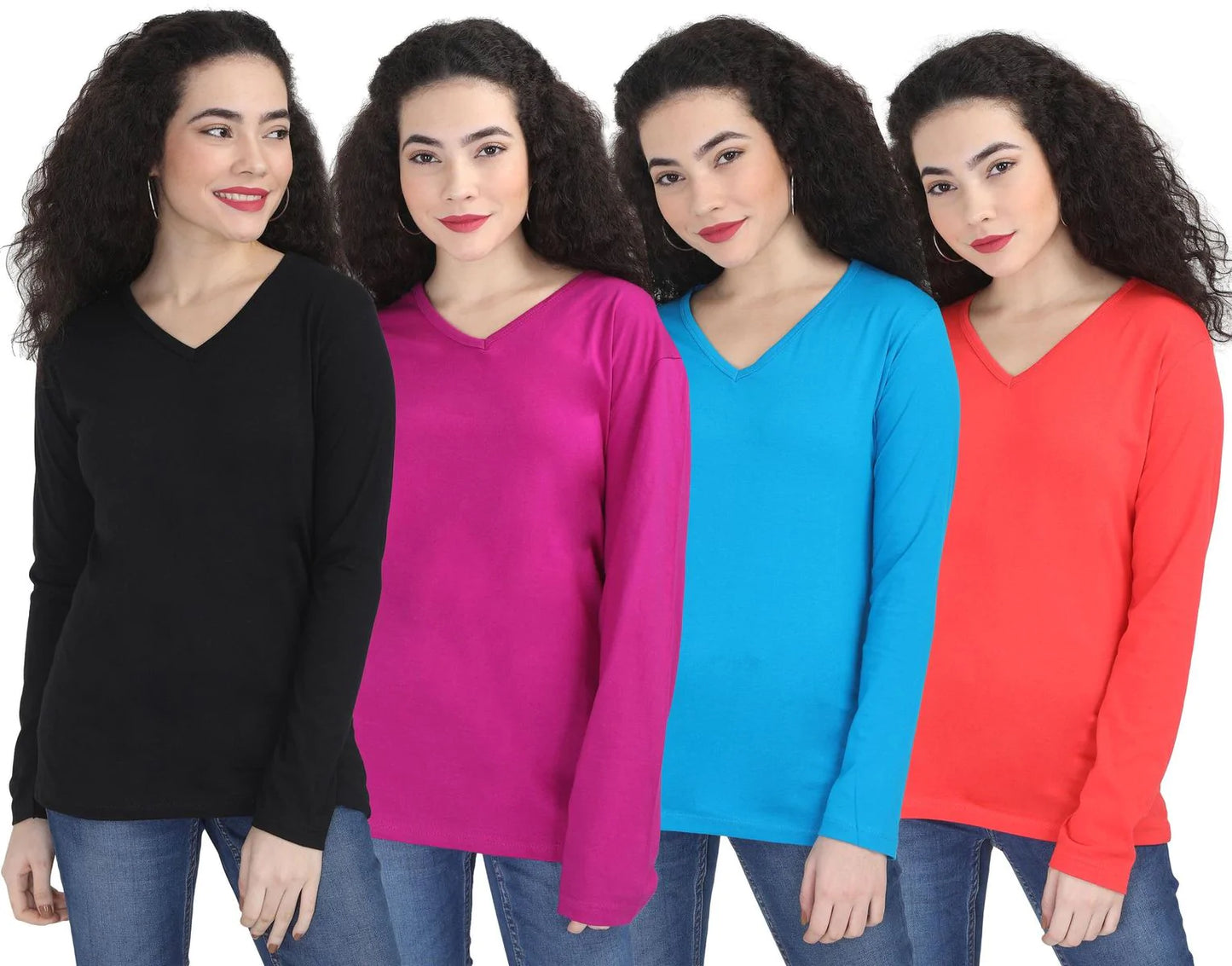 Fleximaa Women's Cotton Plain V Neck Full Sleeve T-Shirt (Pack of 4) - Fleximaa