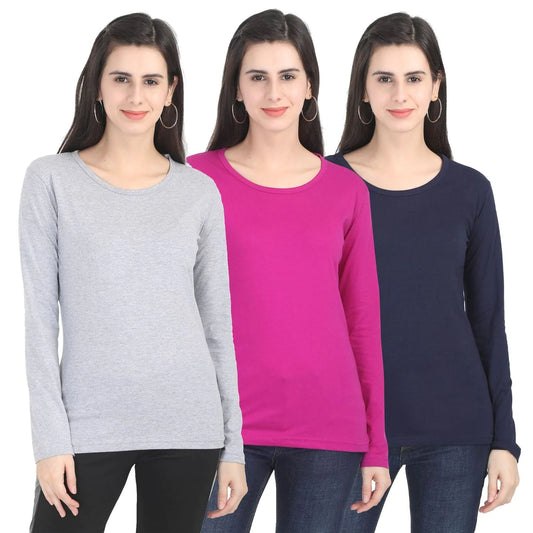 Fleximaa Women's Cotton Plain Round Neck Full Sleeve T-Shirt (Pack of 3) - Fleximaa