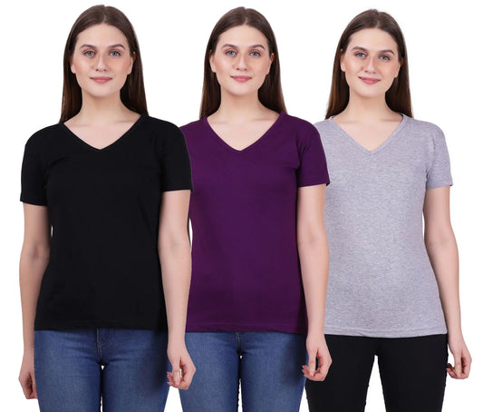 Fleximaa Women's Cotton Plain V Neck Half Sleeve T-Shirt (Pack of 3) - Fleximaa