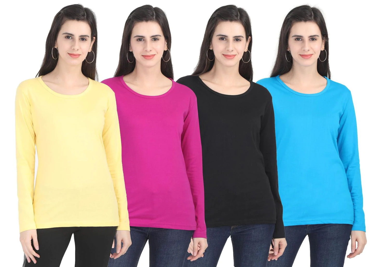 Fleximaa Women's Cotton Plain Round Neck Full Sleeve T-Shirt (Pack of 4) - Fleximaa