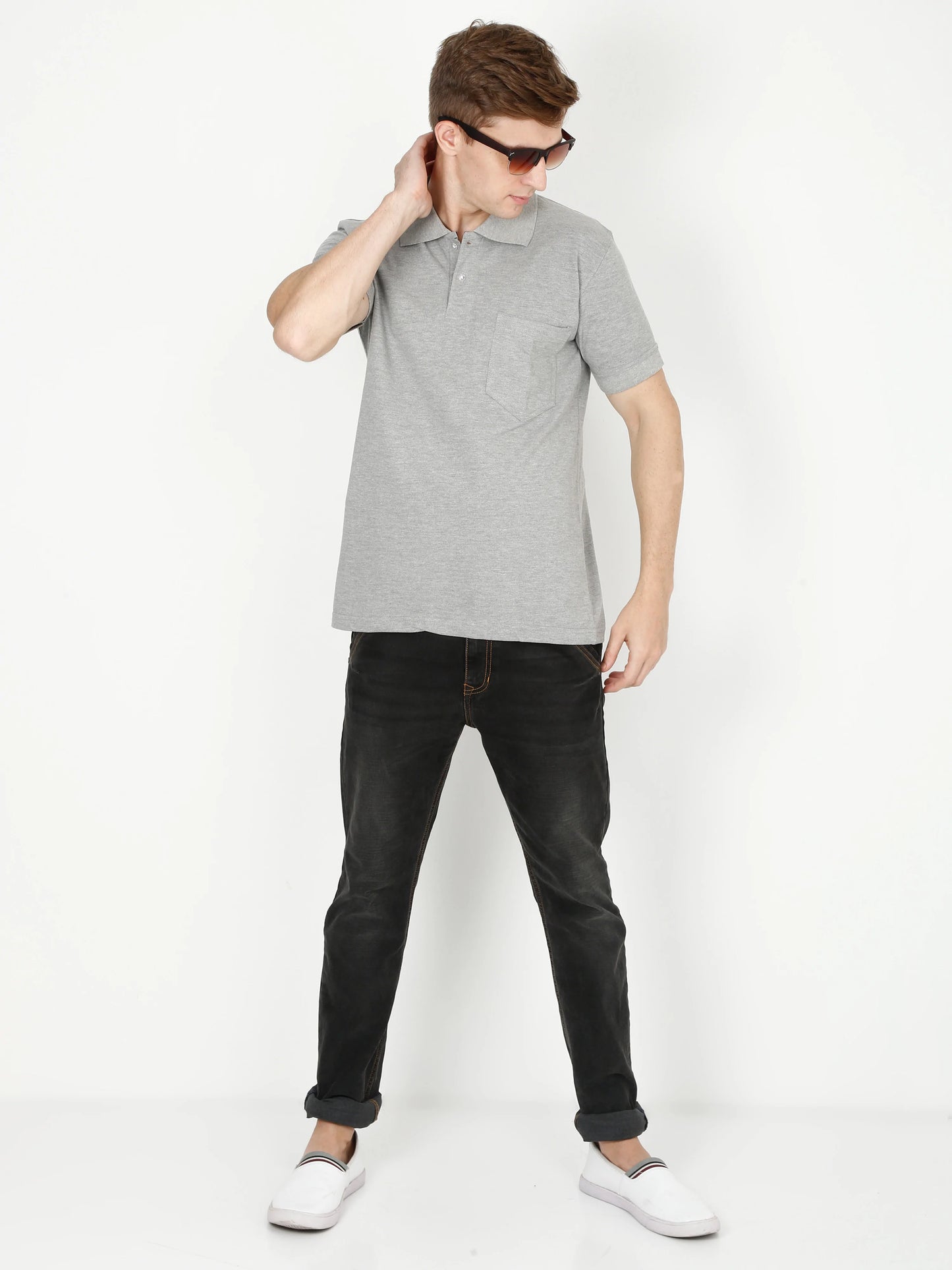 Men's Cotton Plain Polo Neck Half Sleeve Grey Melange Color T-Shirt