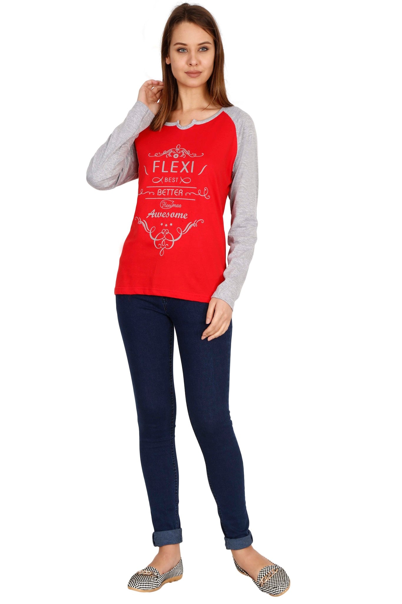 Women's Cotton Printed Raglan Full Sleeve Redgrey Color T-Shirt