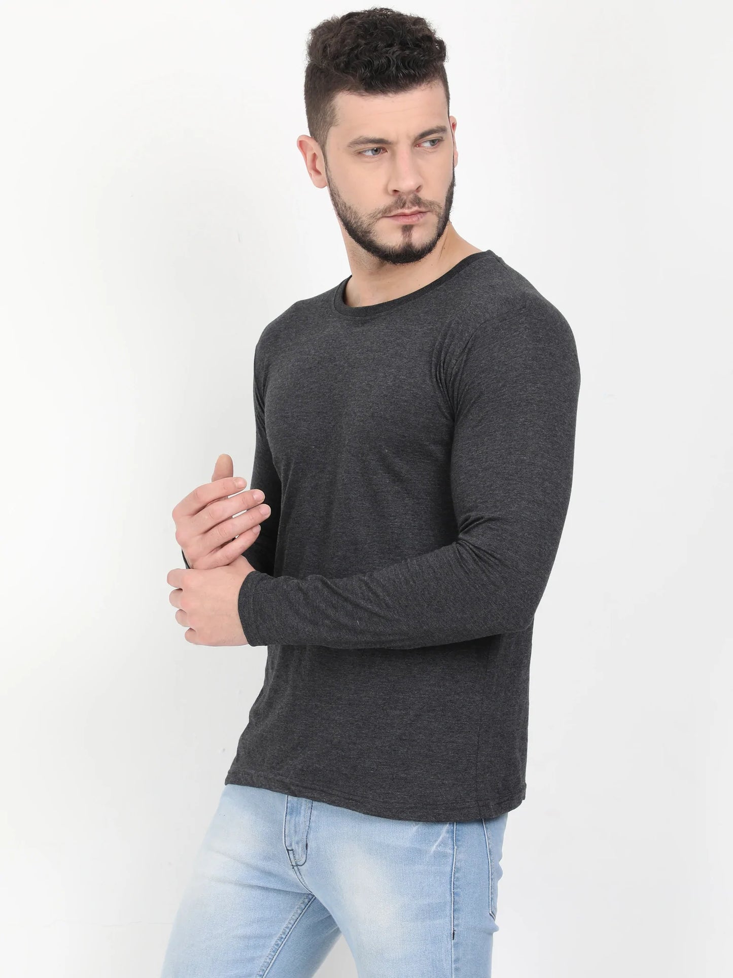 Men's Cotton Plain Round Neck Full Sleeve Charcoal Melange Color T-Shirt
