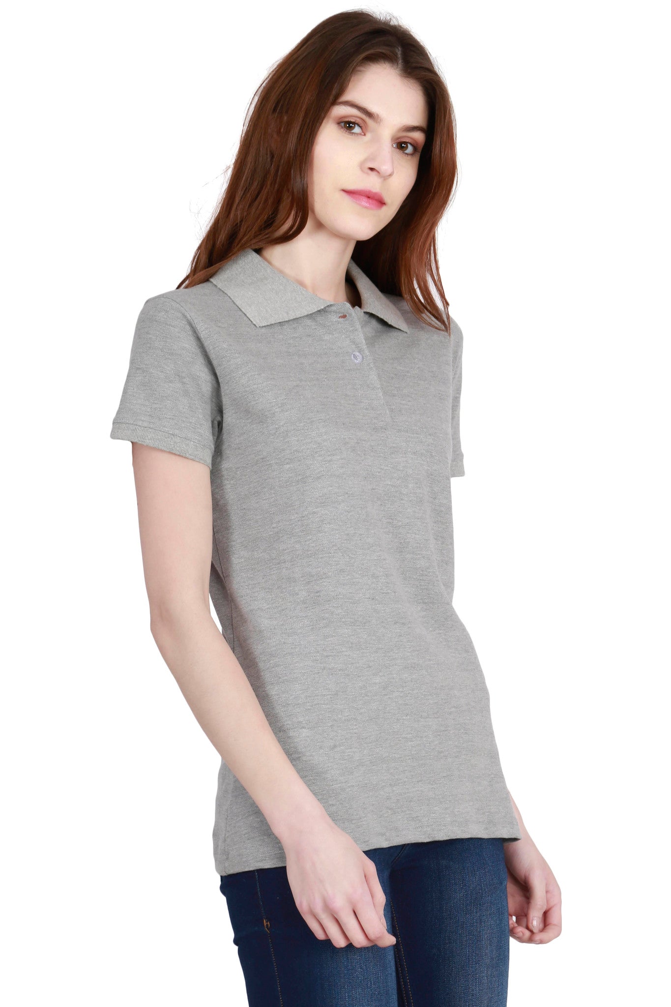 Women's Cotton Plain Polo Neck Grey Melange Color T-Shirt