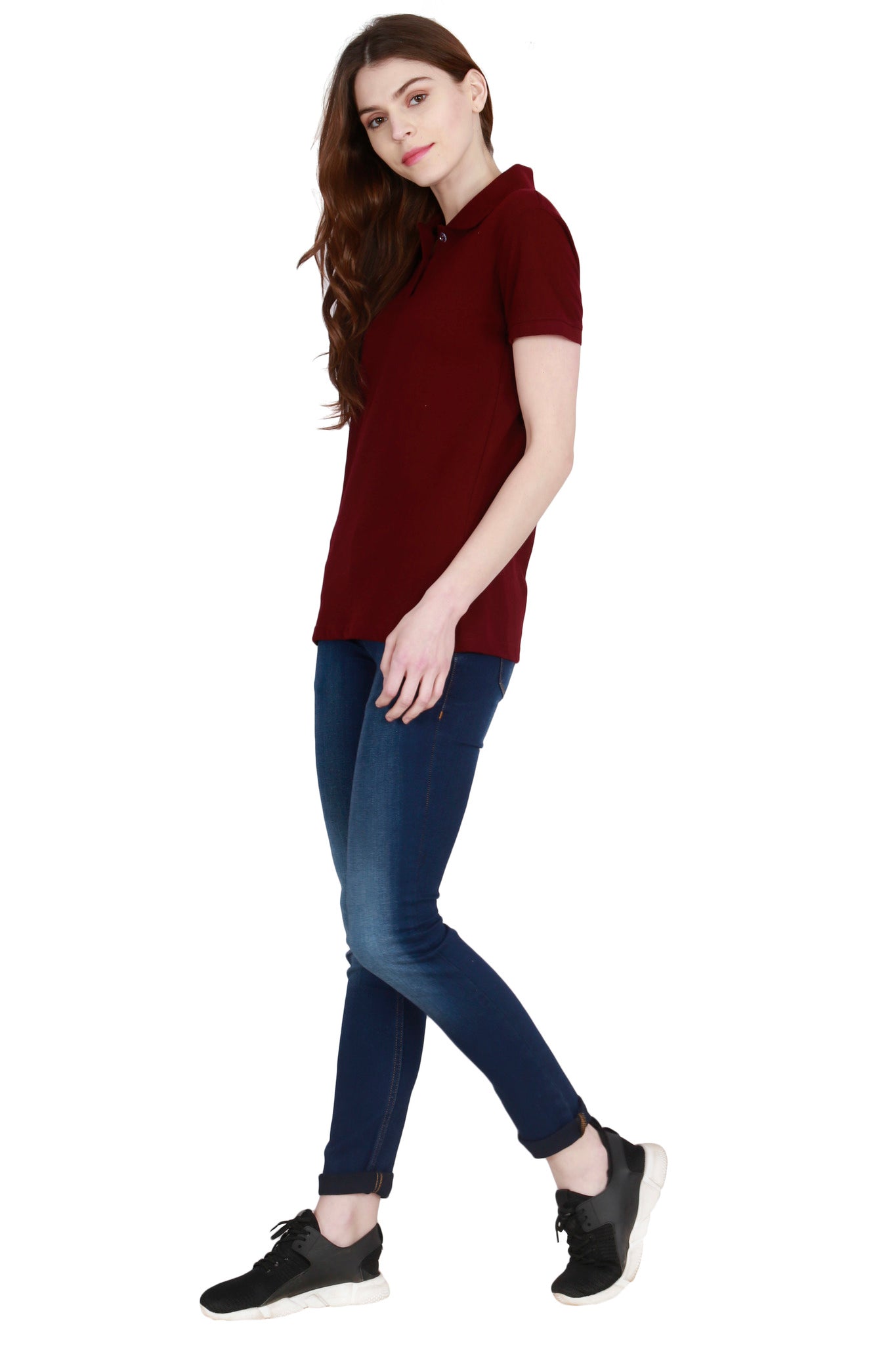 Women's Cotton Plain Polo Neck Maroon Color T-Shirt