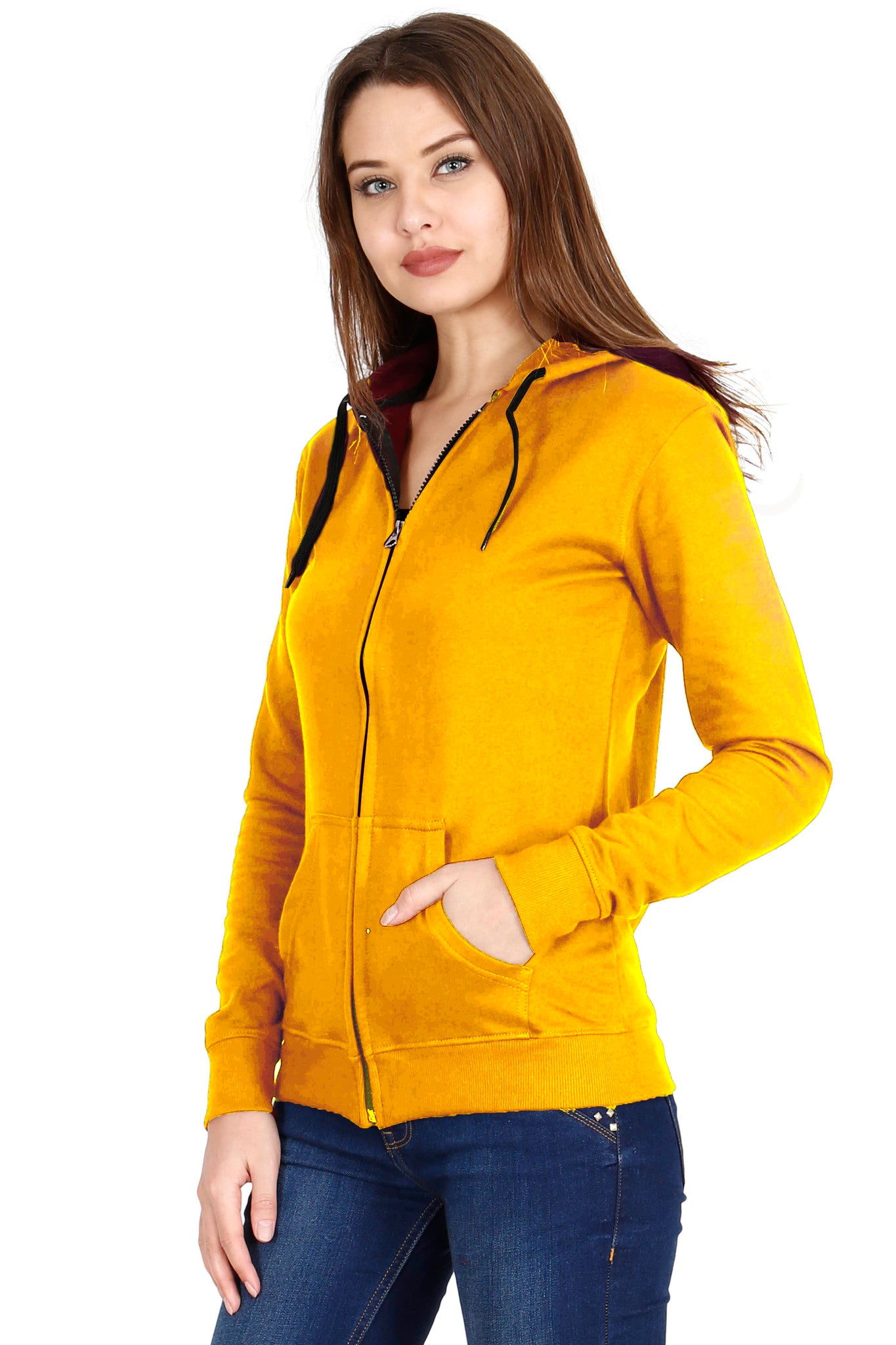 Women's Cotton Plain Full Sleeve Mustard Yellow Color Hoodies/Sweatshirt