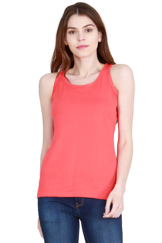 Women's Cotton Plain Sleeveless Coral Red Color Top