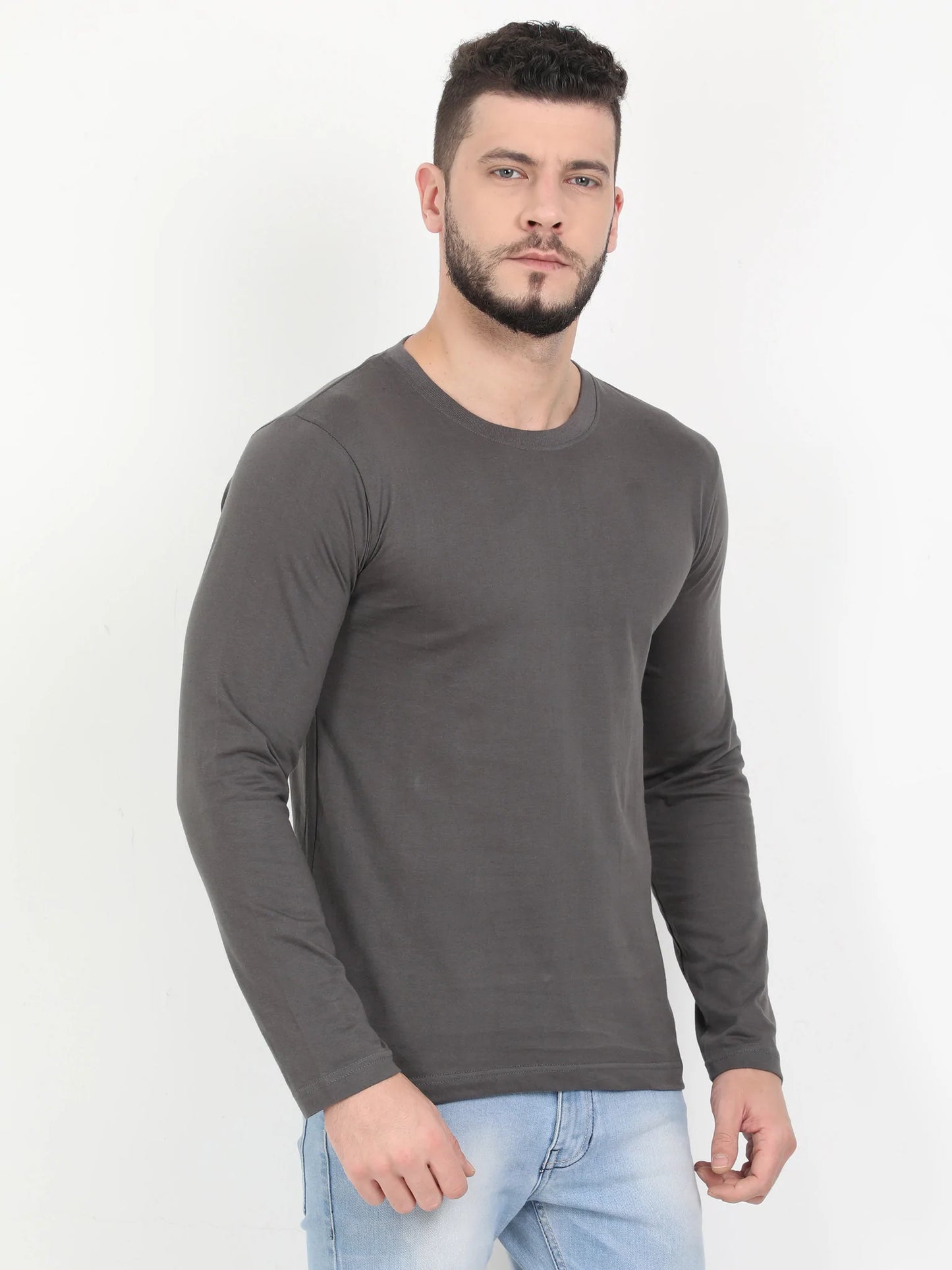 Men's Cotton Plain Round Neck Full Sleeve Steel Grey Color T-Shirt