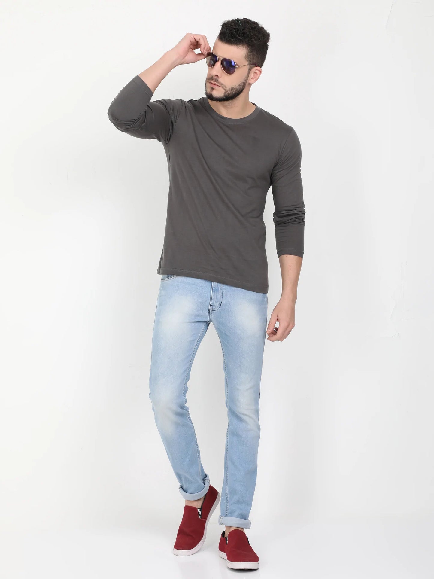 Men's Cotton Plain Round Neck Full Sleeve Steel Grey Color T-Shirt