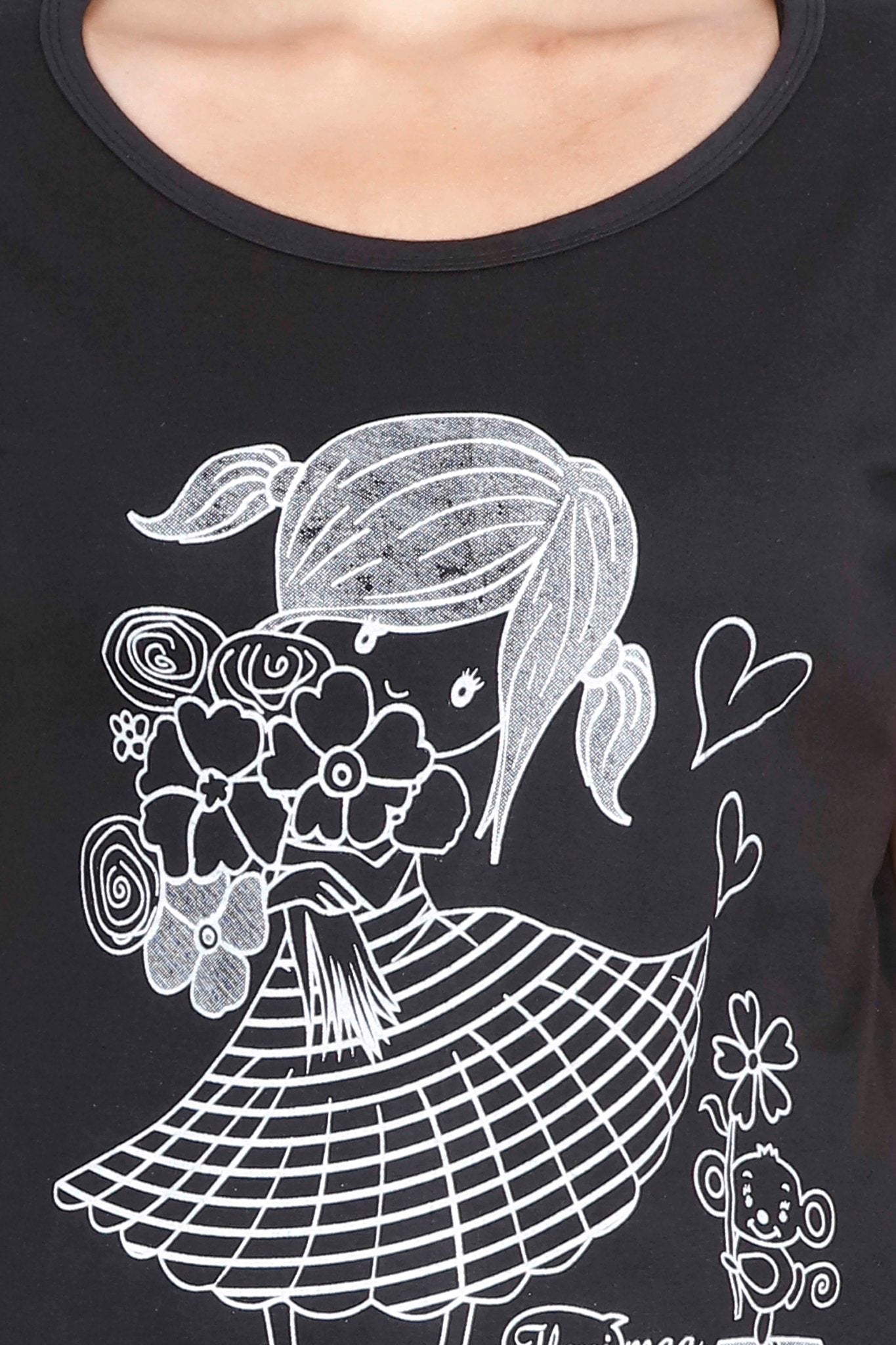 Women's Cotton Round Neck Printed Half Sleeve Black Color T-Shirt