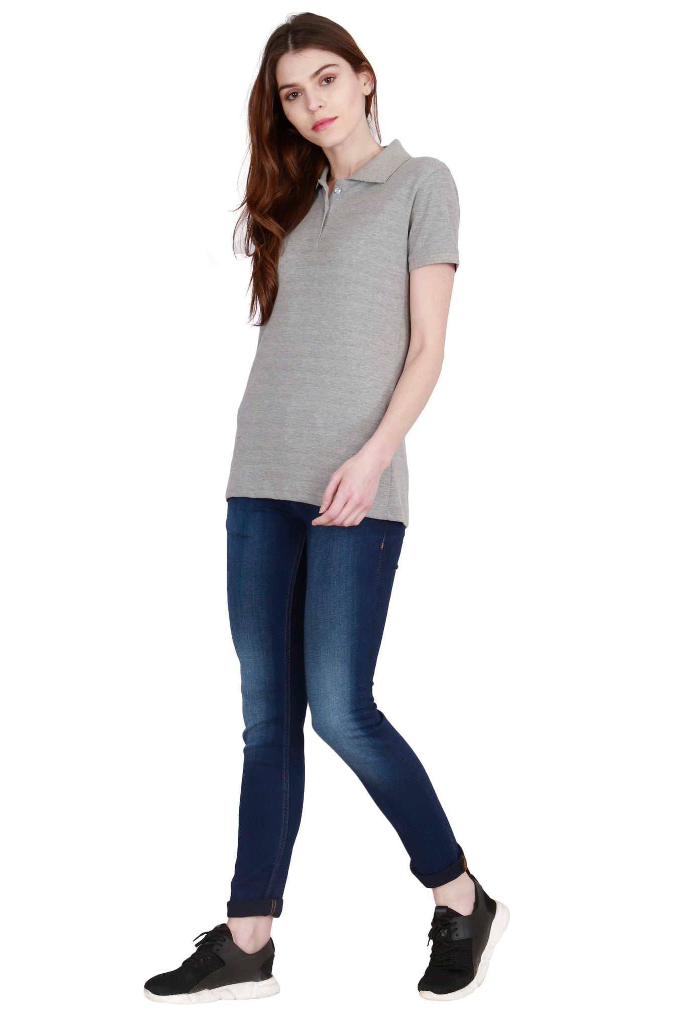 Women's Cotton Plain Polo Neck Grey Melange Color T-Shirt