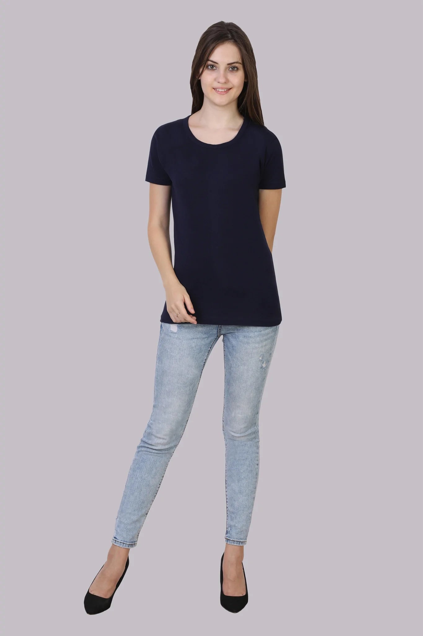 Women's Cotton Plain Round Neck Half Sleeve Navy Blue Color T-Shirt
