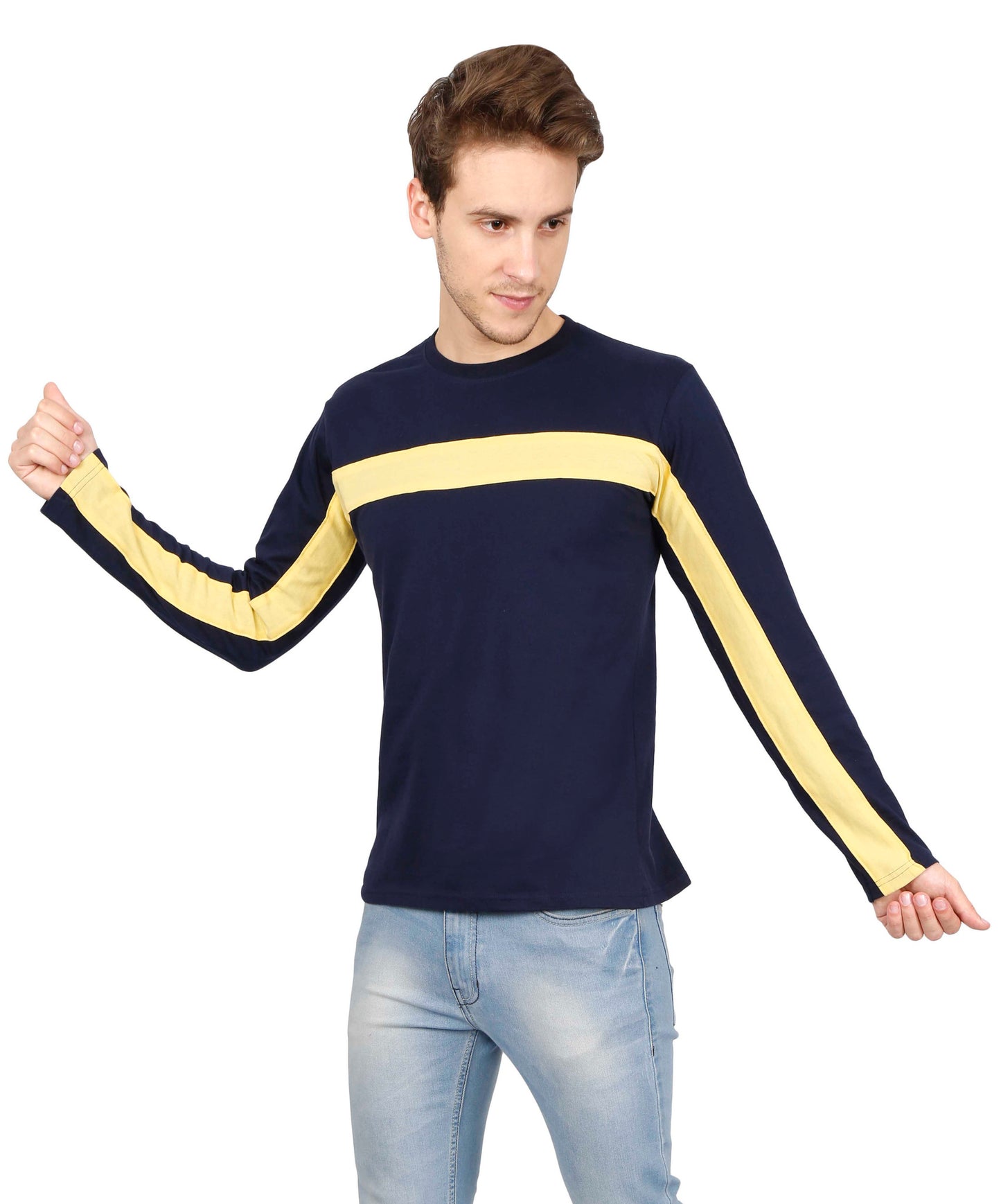 Men's Cotton Color Block Round Neck Full Sleeve T-Shirt