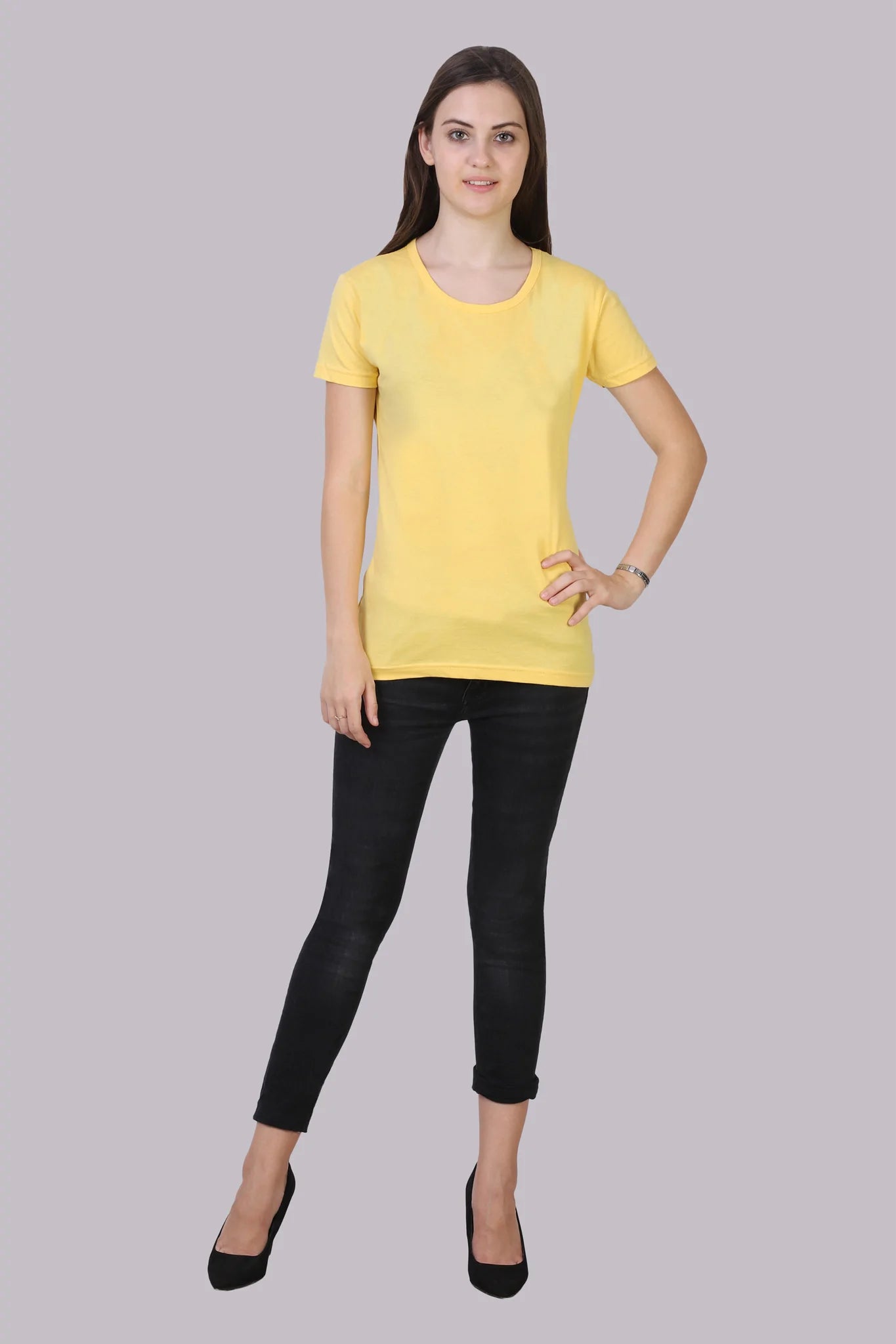 Women's Cotton Plain Round Neck Half Sleeve Yellow Color T-Shirt