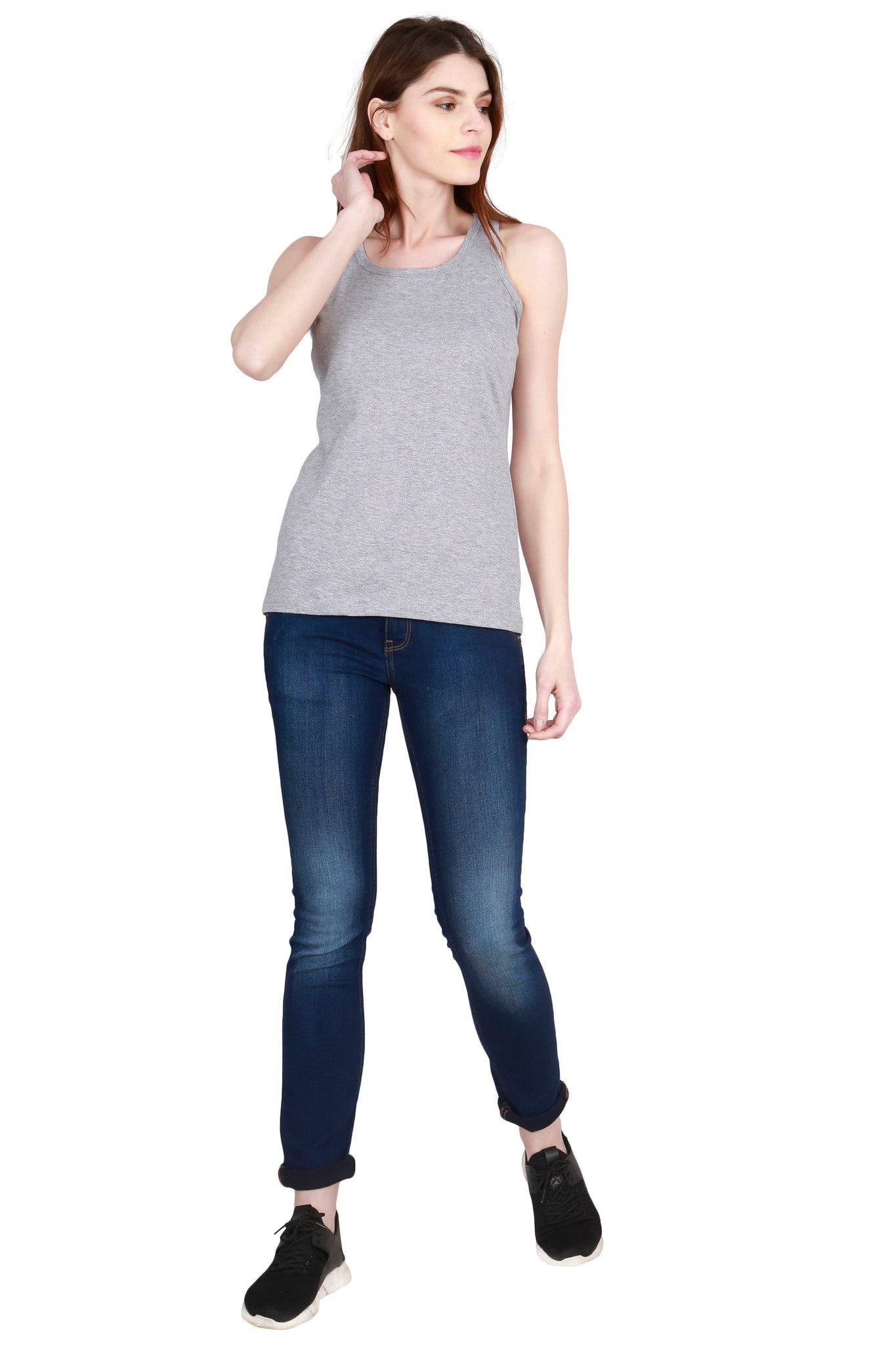 Women's Cotton Plain Sleeveless Grey Melange Color Top