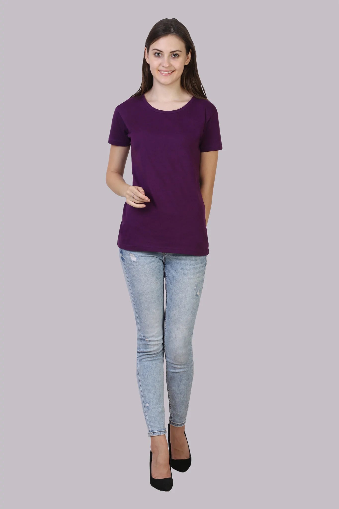 Women's Cotton Plain Round Neck Half Sleeve Purple Color T-Shirt