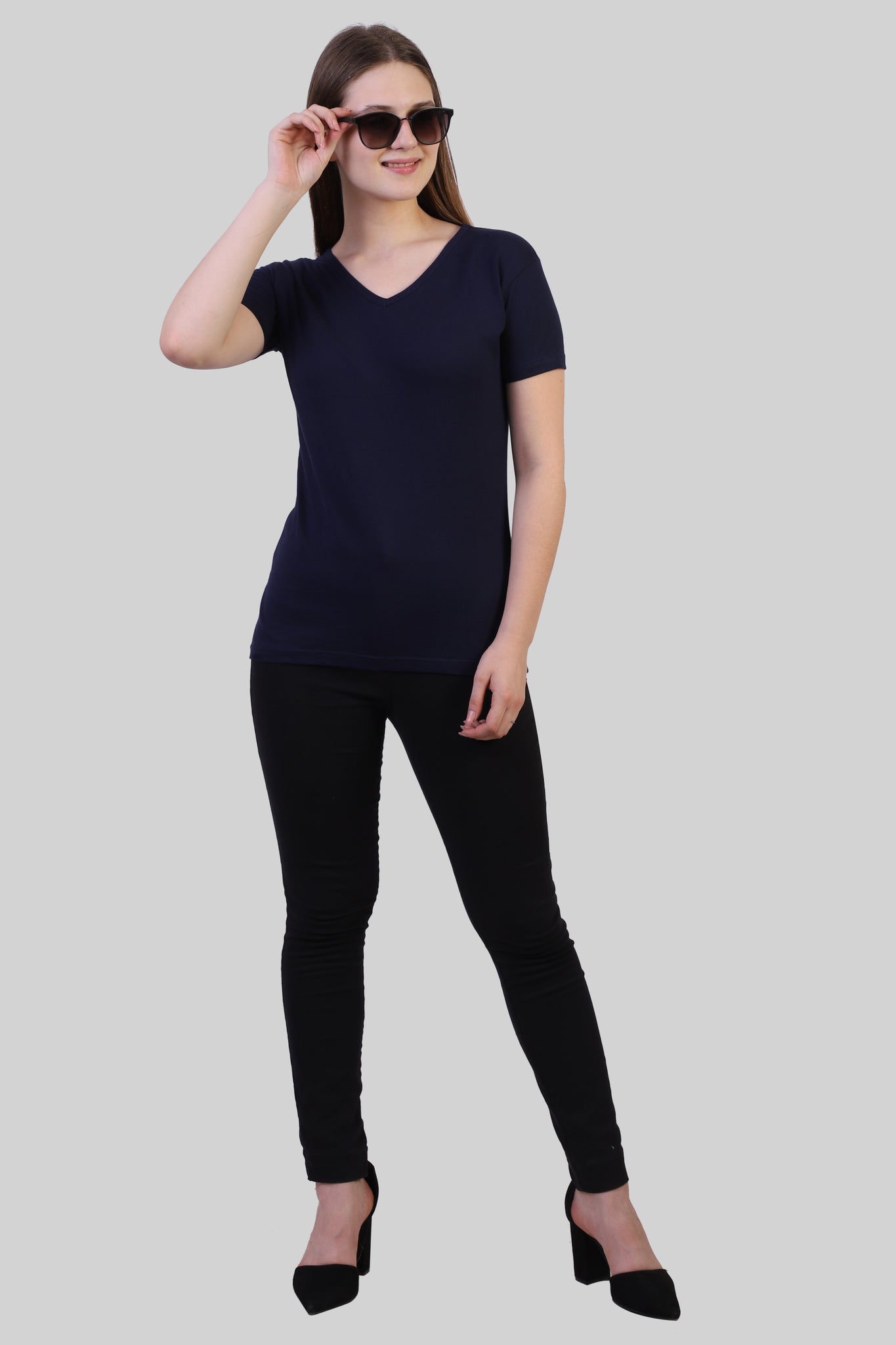Women's Cotton Plain V Neck Half Sleeve Navy Blue Color T-Shirt