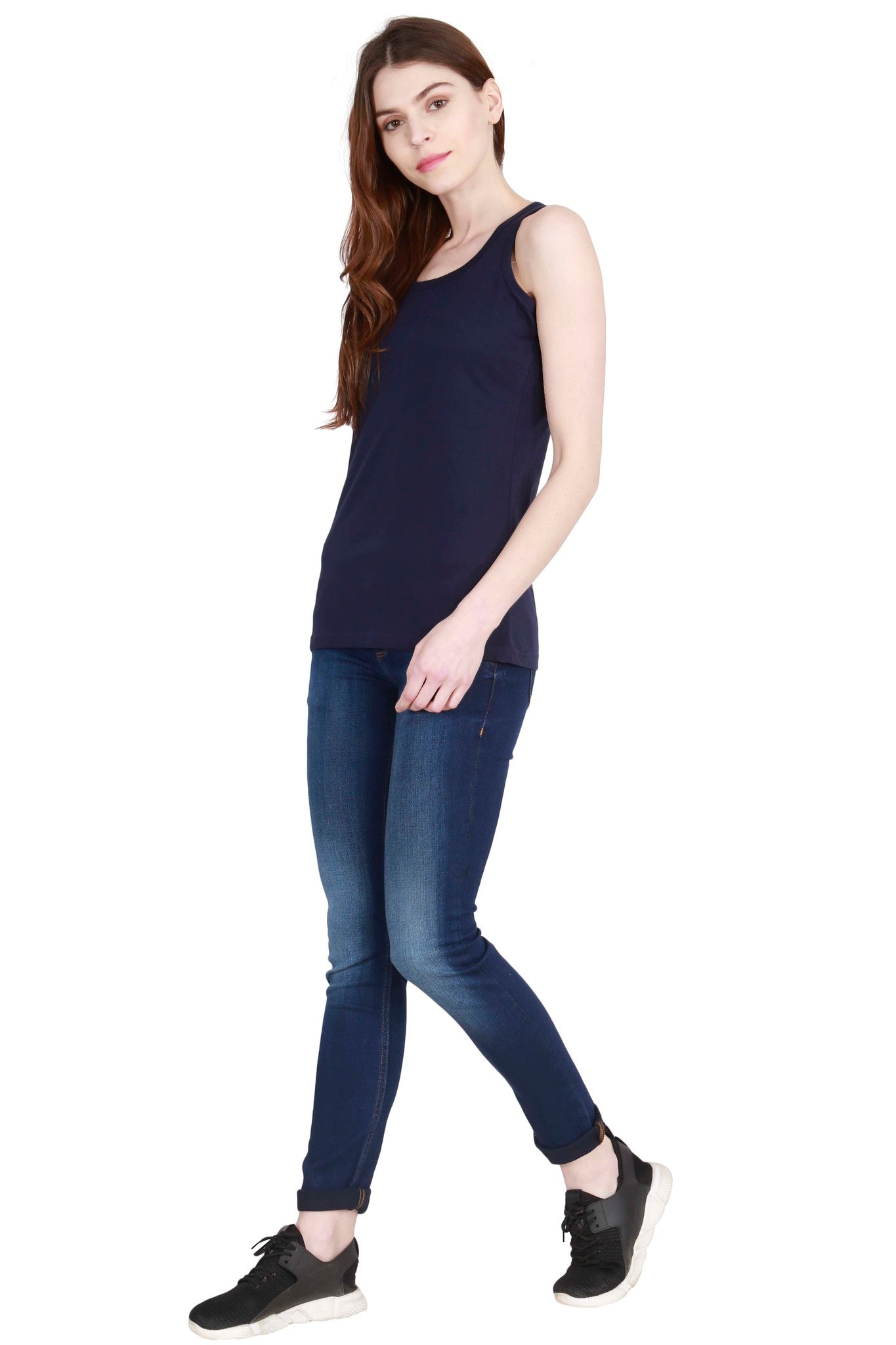 Women's Cotton Plain Sleeveless Navy Blue Color Top