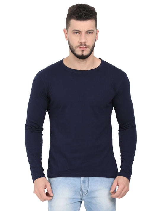 Men's Cotton Plain Round Neck Full Sleeve Navy Blue Color T-Shirt