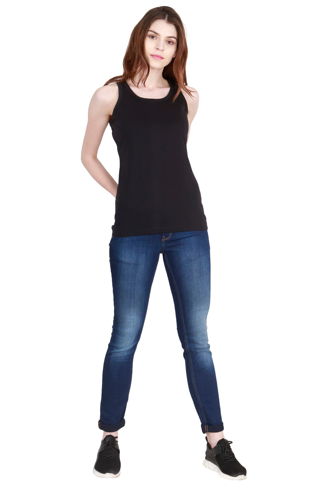 Women's Cotton Plain Sleeveless Black Color Top