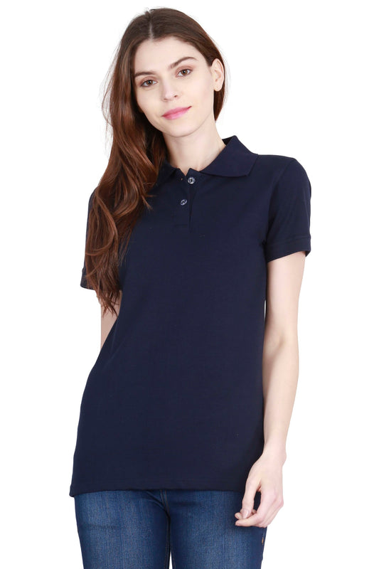 Women's Cotton Plain Polo Neck Navy Blue Color T-Shirt
