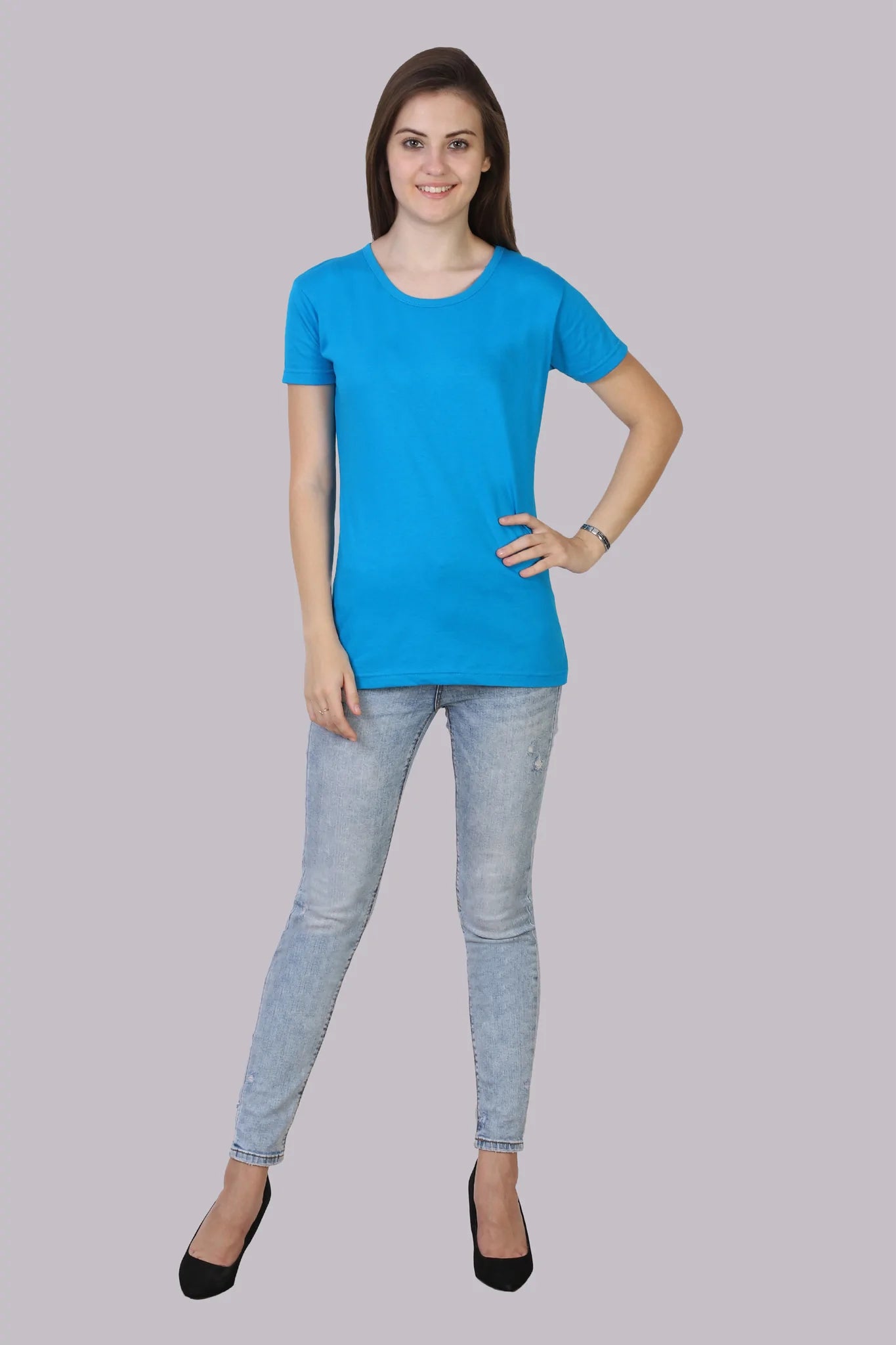 Women's Cotton Plain Round Neck Half Sleeve Blue Color T-Shirt