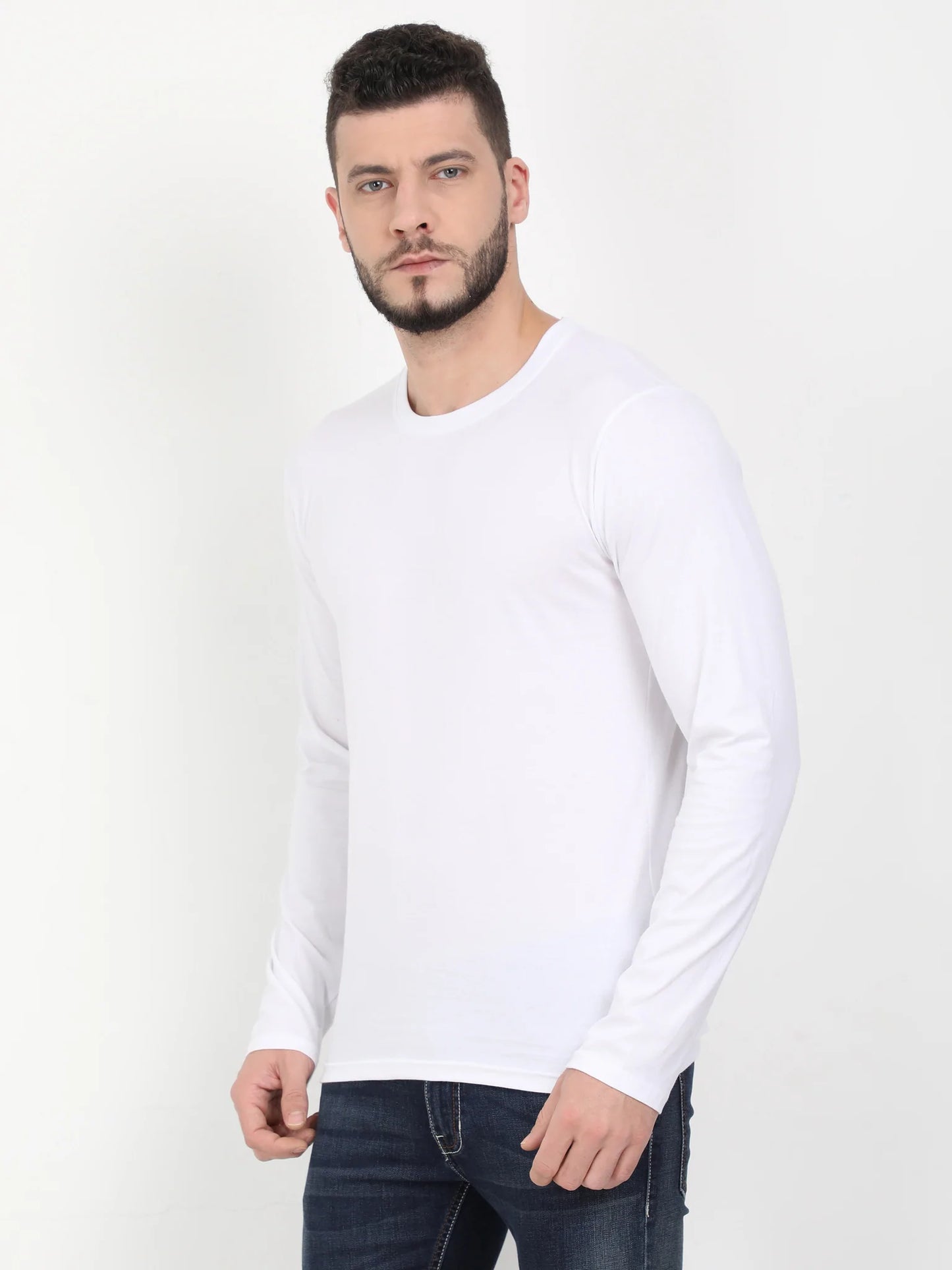 Men's Cotton Plain Round Neck Full Sleeve White Color T-Shirt