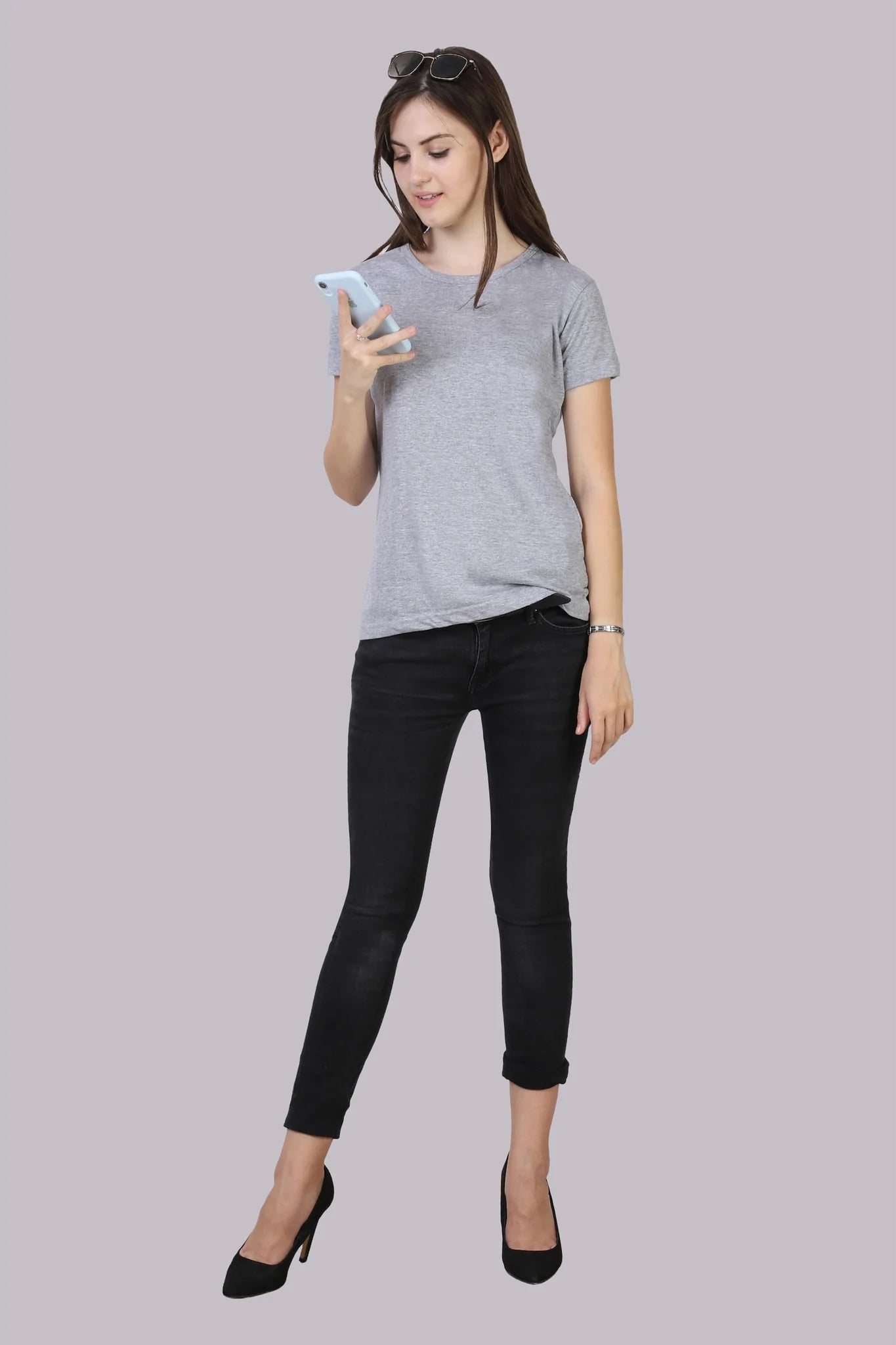 Women's Cotton Plain Round Neck Half Sleeve Grey Melange Color T-Shirt