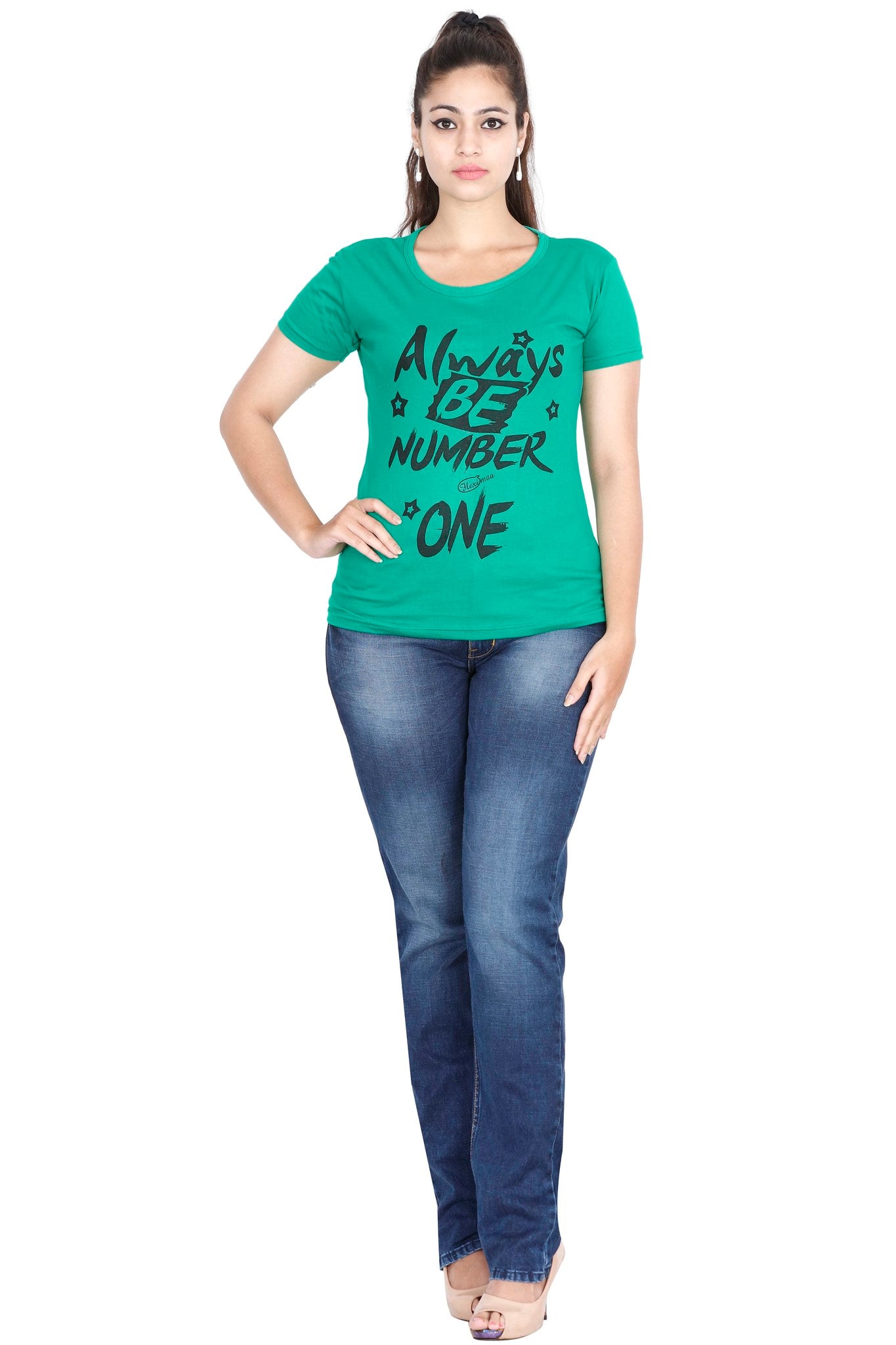 Women's Cotton Round Neck Printed Half Sleeve Pakistan Green Color T-Shirt