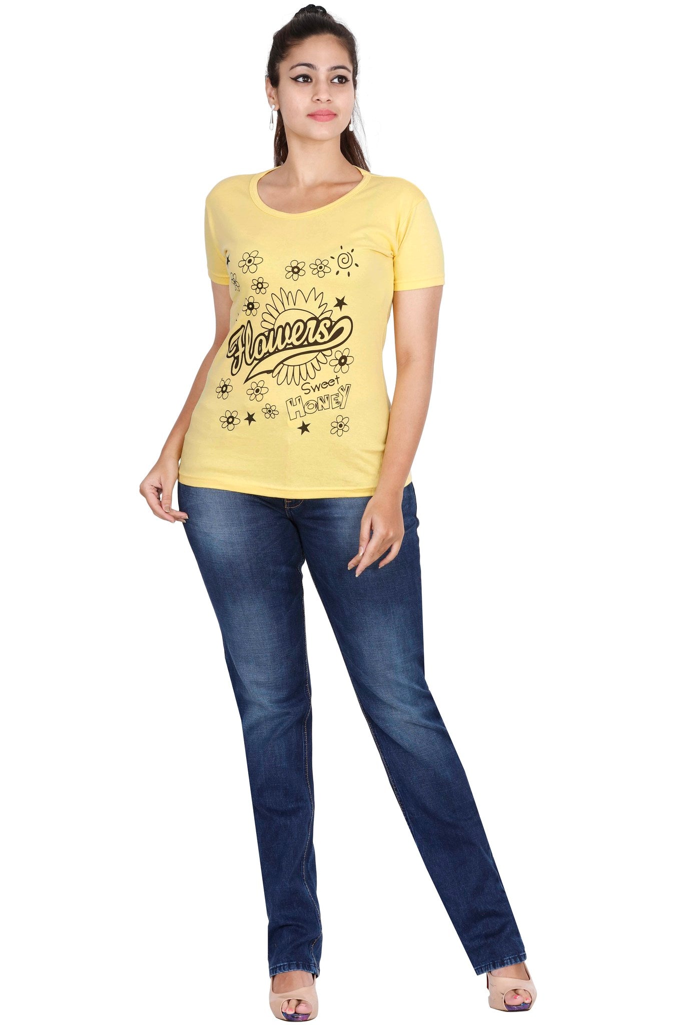 Women's Cotton Round Neck Printed Half Sleeve Yellow Color T-Shirt