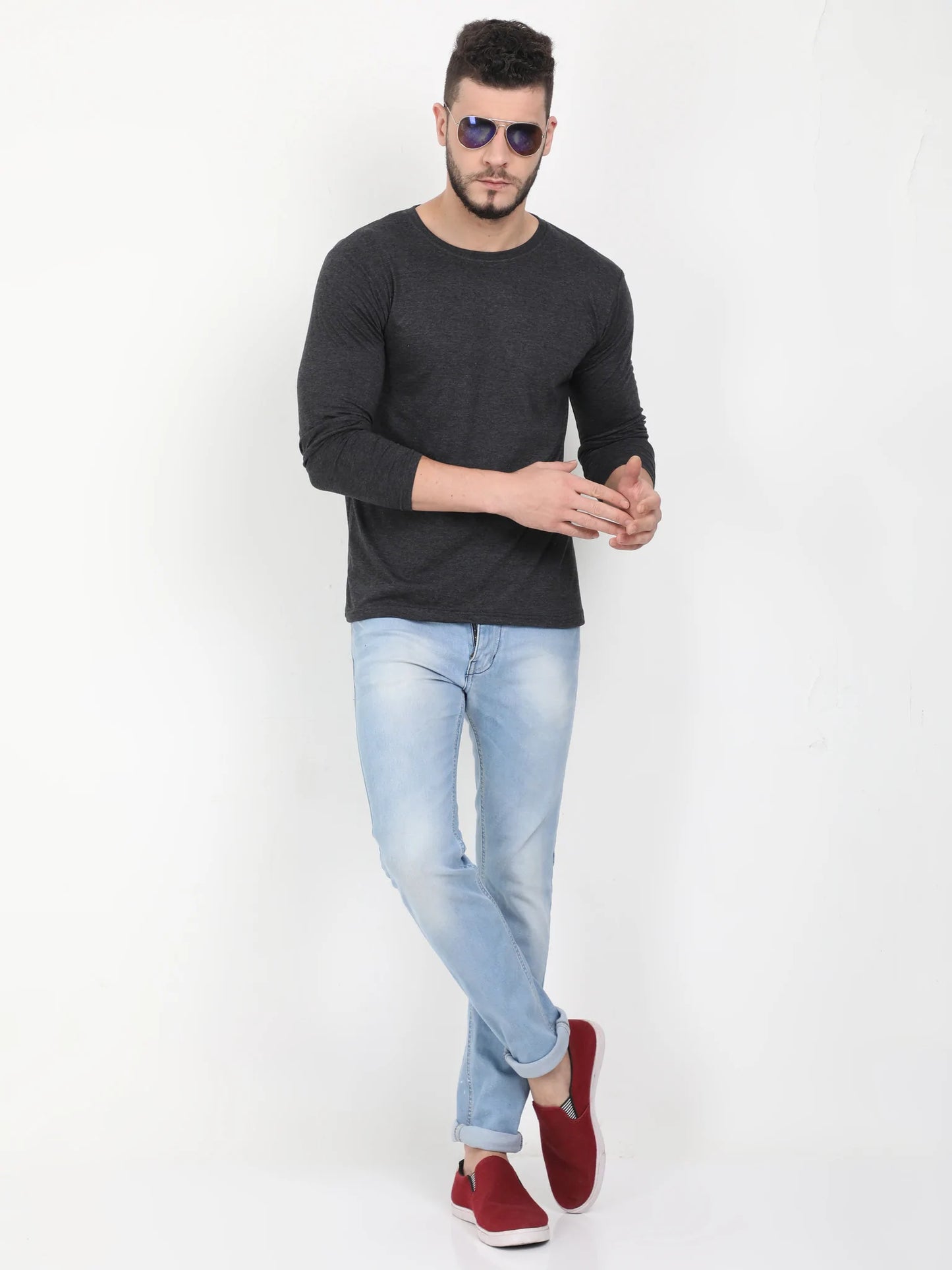 Men's Cotton Plain Round Neck Full Sleeve Charcoal Melange Color T-Shirt