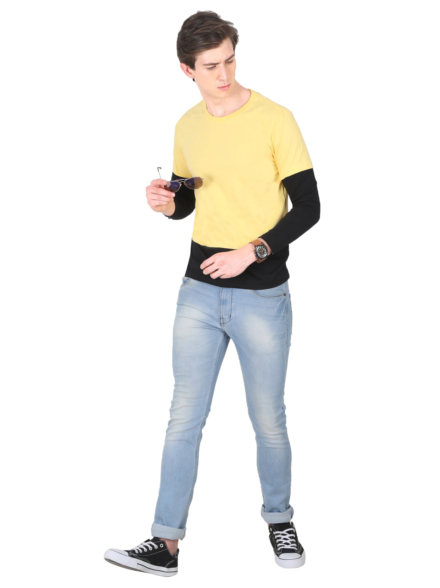 Men's Cotton Color Block Round Neck Full Sleeve T-Shirt